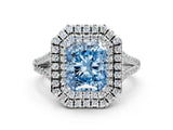 White gold Fancy Blue Radiant Cut Diamond Double Halo Ring with Pavé Band and Prong Setting_117
