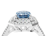 White gold Fancy Blue Radiant Cut Diamond Double Halo Ring with Pavé Band and Prong Setting_120