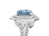 White gold Fancy Blue Radiant Cut Diamond Double Halo Ring with Pavé Band and Prong Setting_121