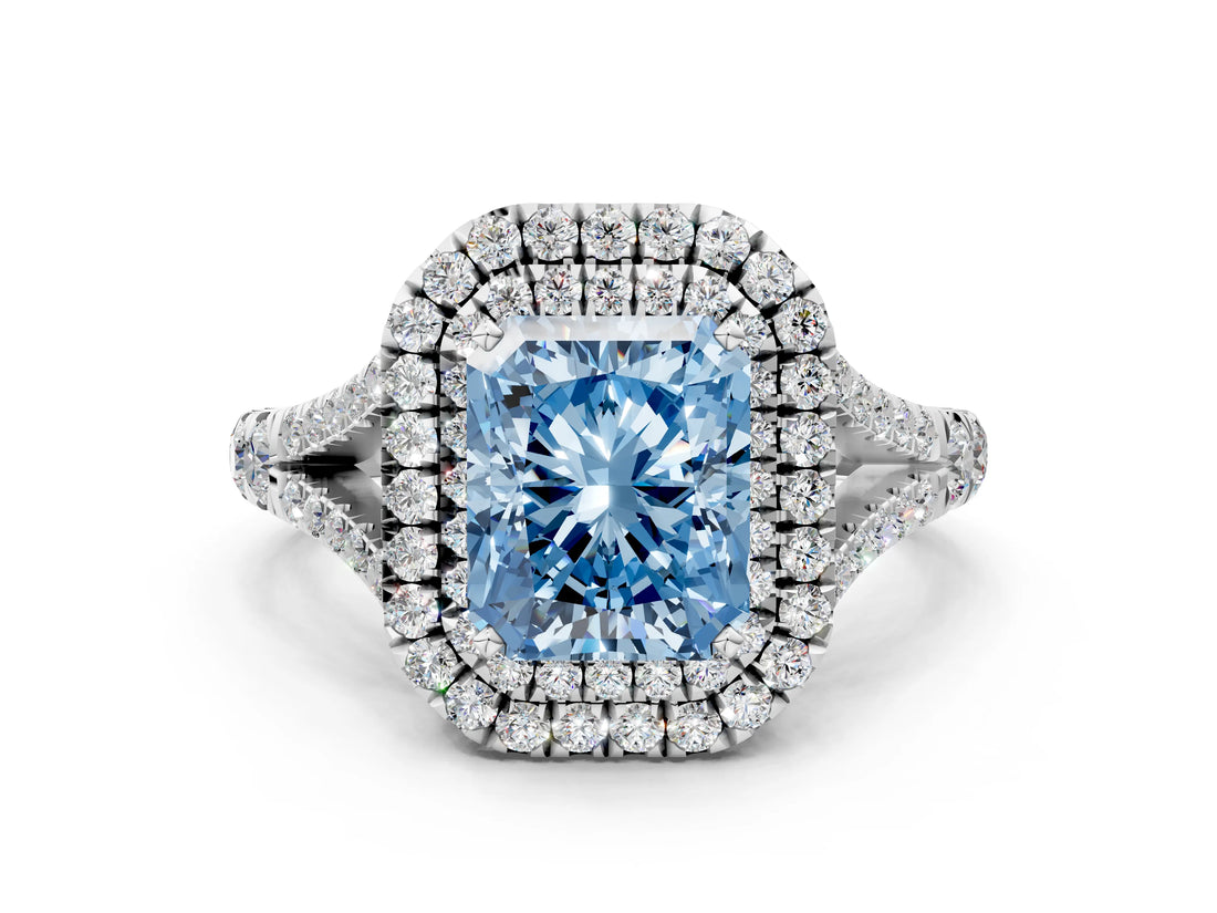 White gold Fancy Blue Radiant Cut Diamond Double Halo Ring with Split Shank and Prong Setting_27