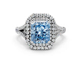 White gold Fancy Blue Radiant Cut Diamond Double Halo Ring with Split Shank and Prong Setting_27