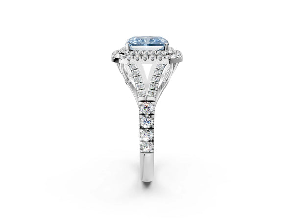 Platinum Fancy Blue Radiant Cut Diamond Double Halo Ring with Split Shank and Prong Setting