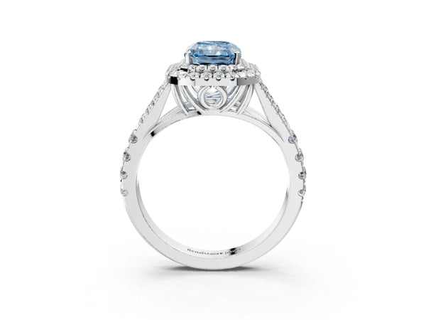 Platinum Fancy Blue Radiant Cut Diamond Double Halo Ring with Split Shank and Prong Setting