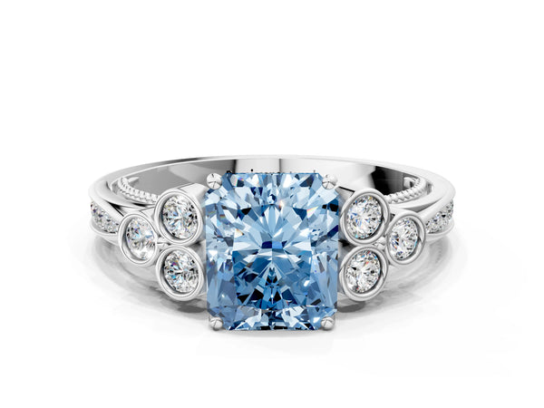 Platinum Fancy Blue Radiant  Cut Diamond Engagement Ring with Bezel Set Round Side Stones and Prong Setting