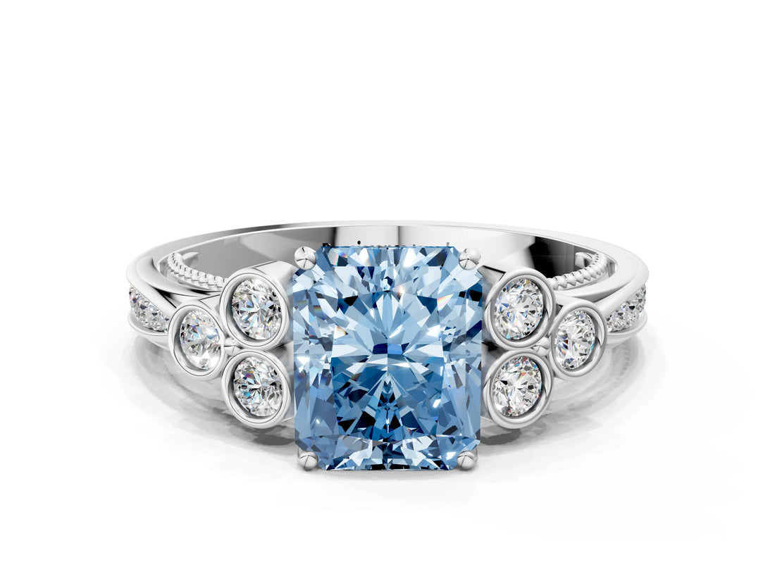White gold Fancy Blue Radiant  Cut Diamond Engagement Ring with Bezel Set Round Side Stones and Prong Setting_49