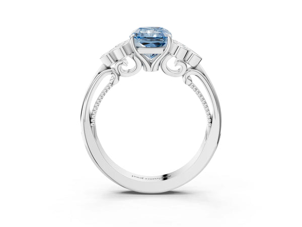 Platinum Fancy Blue Radiant  Cut Diamond Engagement Ring with Bezel Set Round Side Stones and Prong Setting