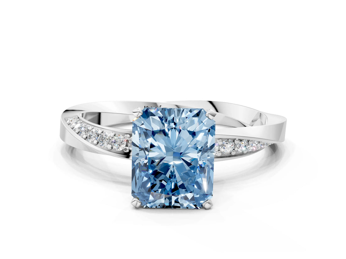 White gold Fancy Blue Radiant Cut Diamond Engagement Ring with Side Stone Accents and Four-Prong Setting_24