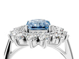 White gold Fancy Blue Radiant Cut Diamond Floral Double Halo Engagement Ring with Prong Setting_28