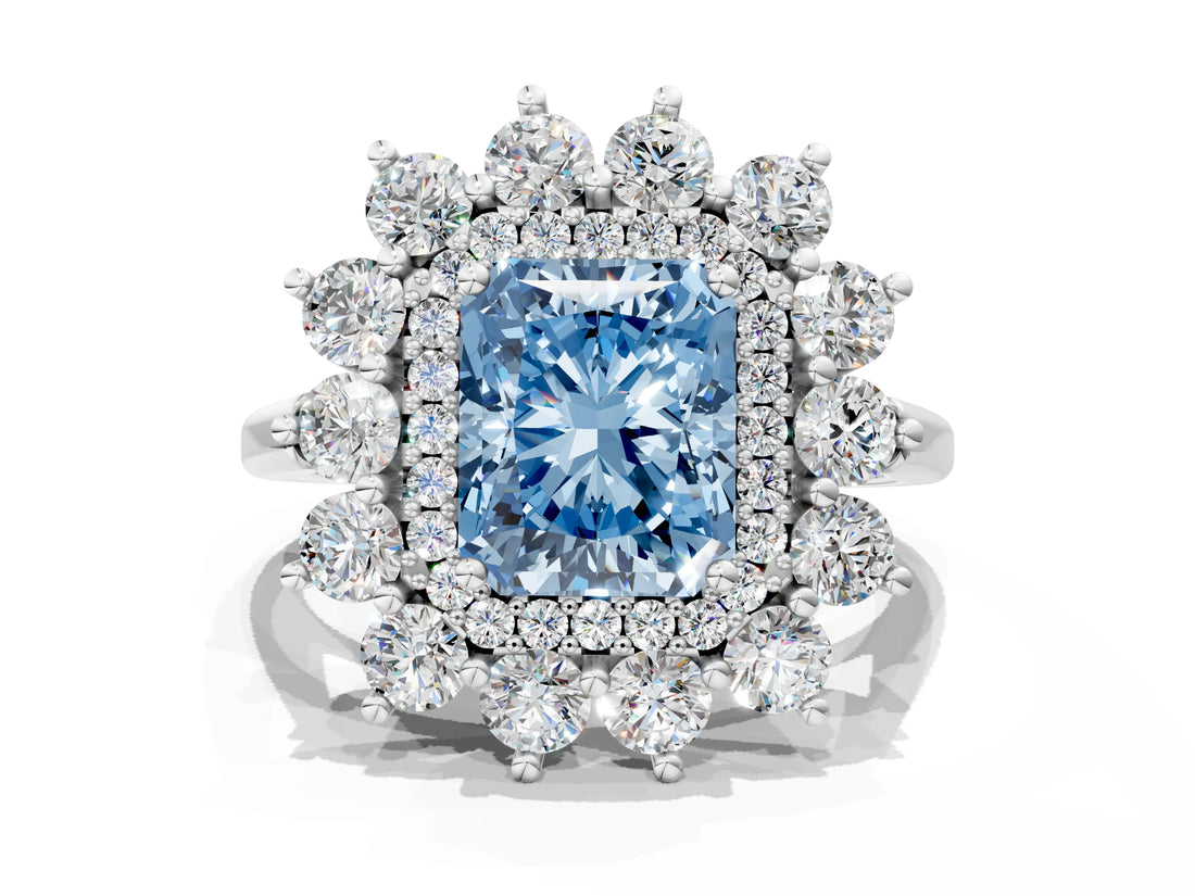 White gold Fancy Blue Radiant Cut Diamond Floral Double Halo Engagement Ring with Prong Setting_96