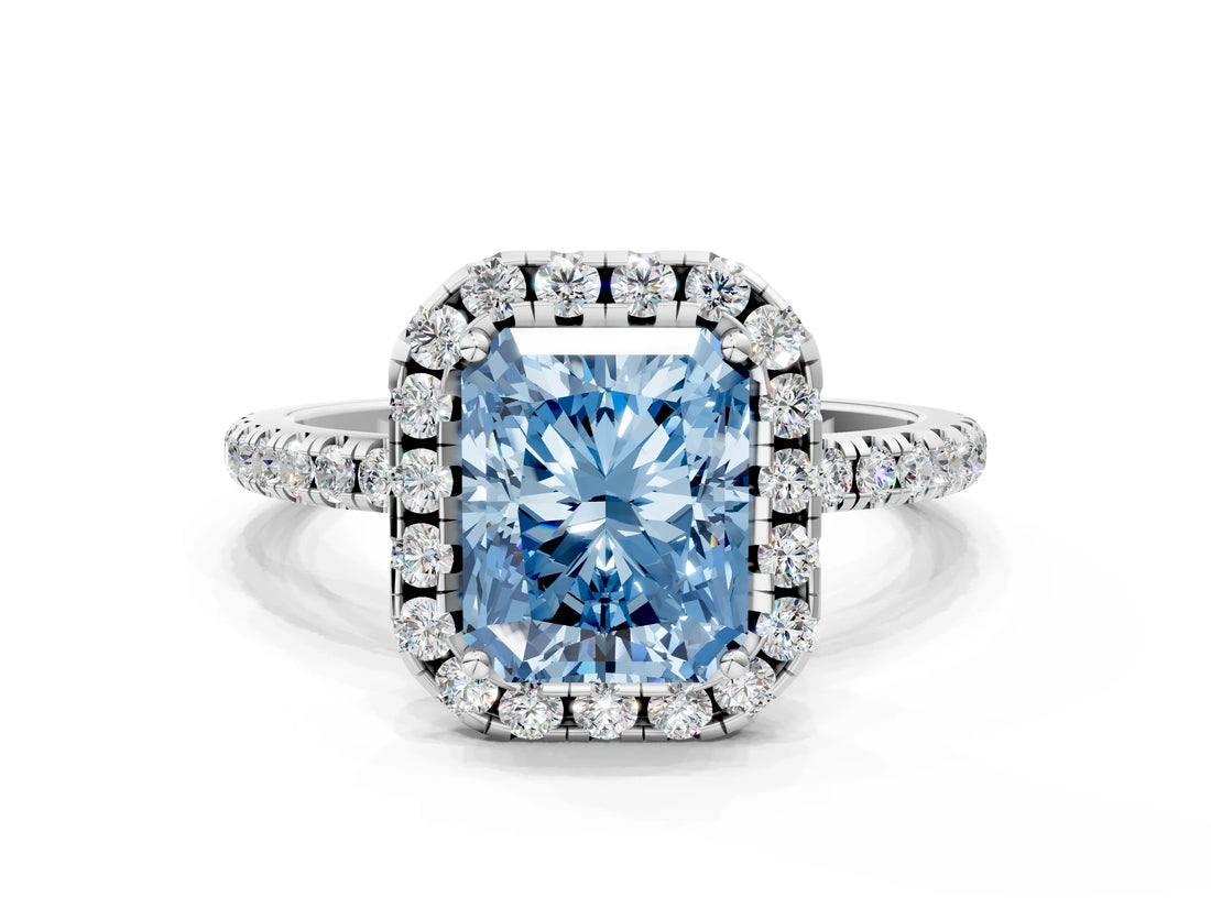 White gold Fancy Blue Radiant  Cut Diamond Floral Halo Engagement Ring with Pavé Band and Prong Setting_49