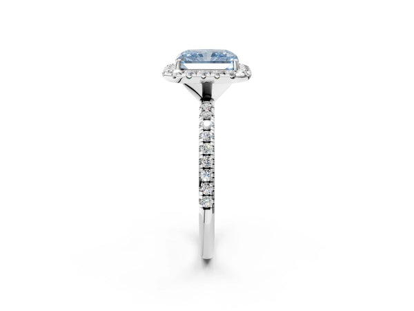 Platinum Fancy Blue Radiant  Cut Diamond Floral Halo Engagement Ring with Pavé Band and Prong Setting