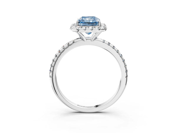 Platinum Fancy Blue Radiant  Cut Diamond Floral Halo Engagement Ring with Pavé Band and Prong Setting