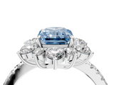 White gold Fancy Blue Radiant  Cut Diamond Floral Halo Pave Band with Prong Setting_41