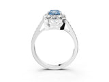 White gold Fancy Blue Radiant Cut Diamond Floral Halo Ring with Pavé Band and Prong Setting_10