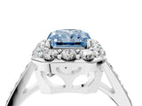 White gold Fancy Blue Radiant Cut Diamond Floral Halo Ring with Pavé Band and Prong Setting_11
