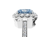 White gold Fancy Blue Radiant Cut Diamond Floral Halo Ring with Pavé Band and Prong Setting_12