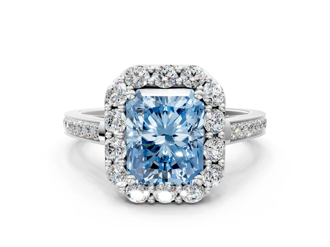 White gold Fancy Blue Radiant Cut Diamond Floral Halo Ring with Pavé Band and Prong Setting_7