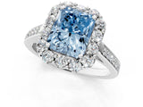 White gold Fancy Blue Radiant Cut Diamond Floral Halo Ring with Pavé Band and Prong Setting_8