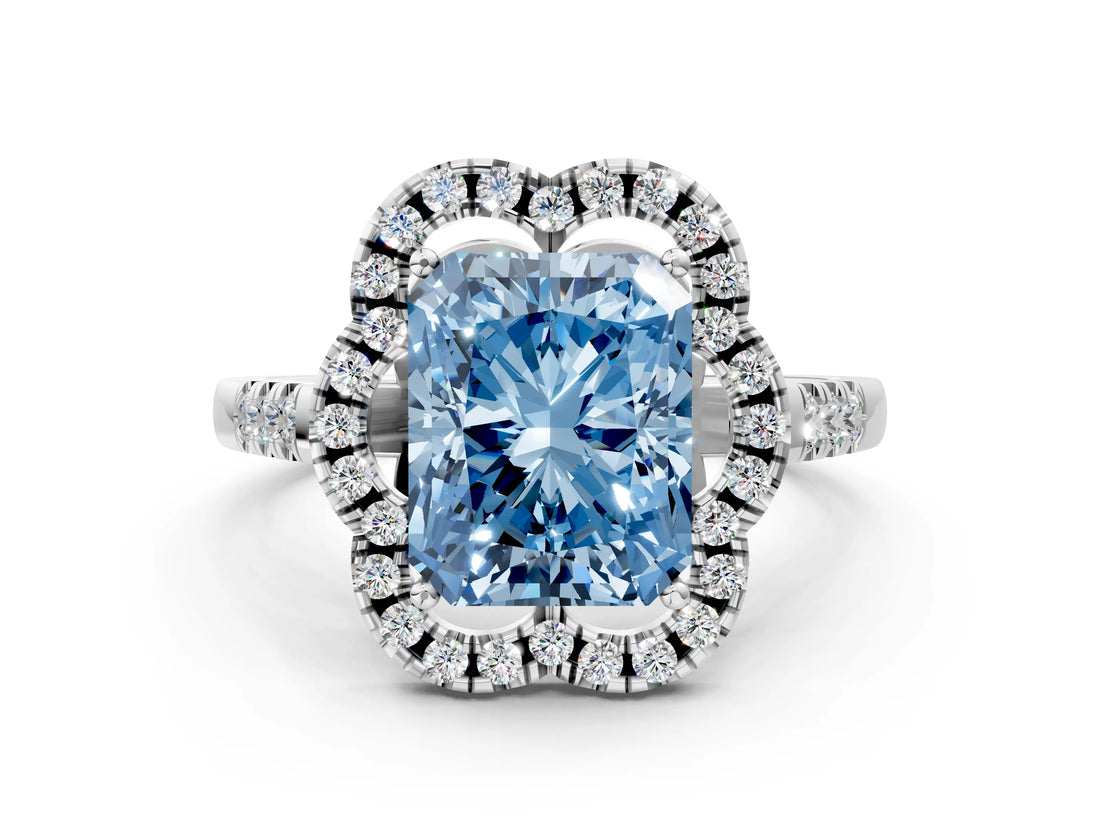 White gold Fancy Blue Radiant Cut Diamond Floral Halo Split Shank Prong Setting Ring