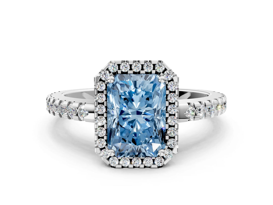 White gold Fancy Blue Radiant Cut Diamond Halo Engagement Ring with Pavé Band and Prong Setting_39