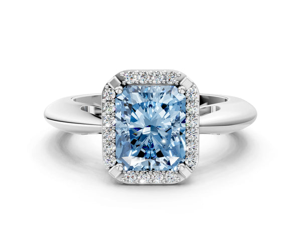 Platinum Fancy Blue Radiant  Cut Diamond Halo Engagement Ring with Split Shank and Four-Prong Setting
