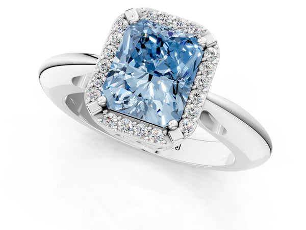 Platinum Fancy Blue Radiant  Cut Diamond Halo Engagement Ring with Split Shank and Four-Prong Setting