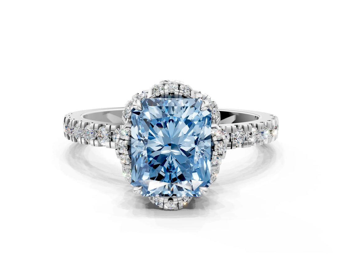 White gold Fancy Blue Radiant Cut Diamond Halo Pave Band with Four-Prong Setting_3