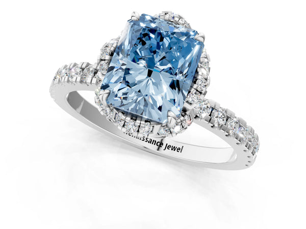 White gold Fancy Blue Radiant Cut Diamond Halo Pave Band with Four-Prong Setting