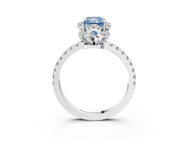 White gold Fancy Blue Radiant Cut Diamond Halo Pave Band with Four-Prong Setting