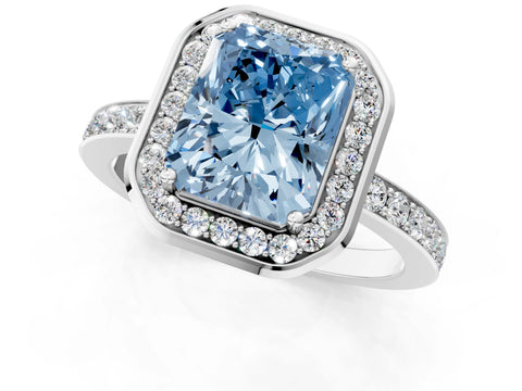 White gold Fancy Blue Radiant Cut Diamond Halo Ring with Bezel Frame and Pavé Band_1
