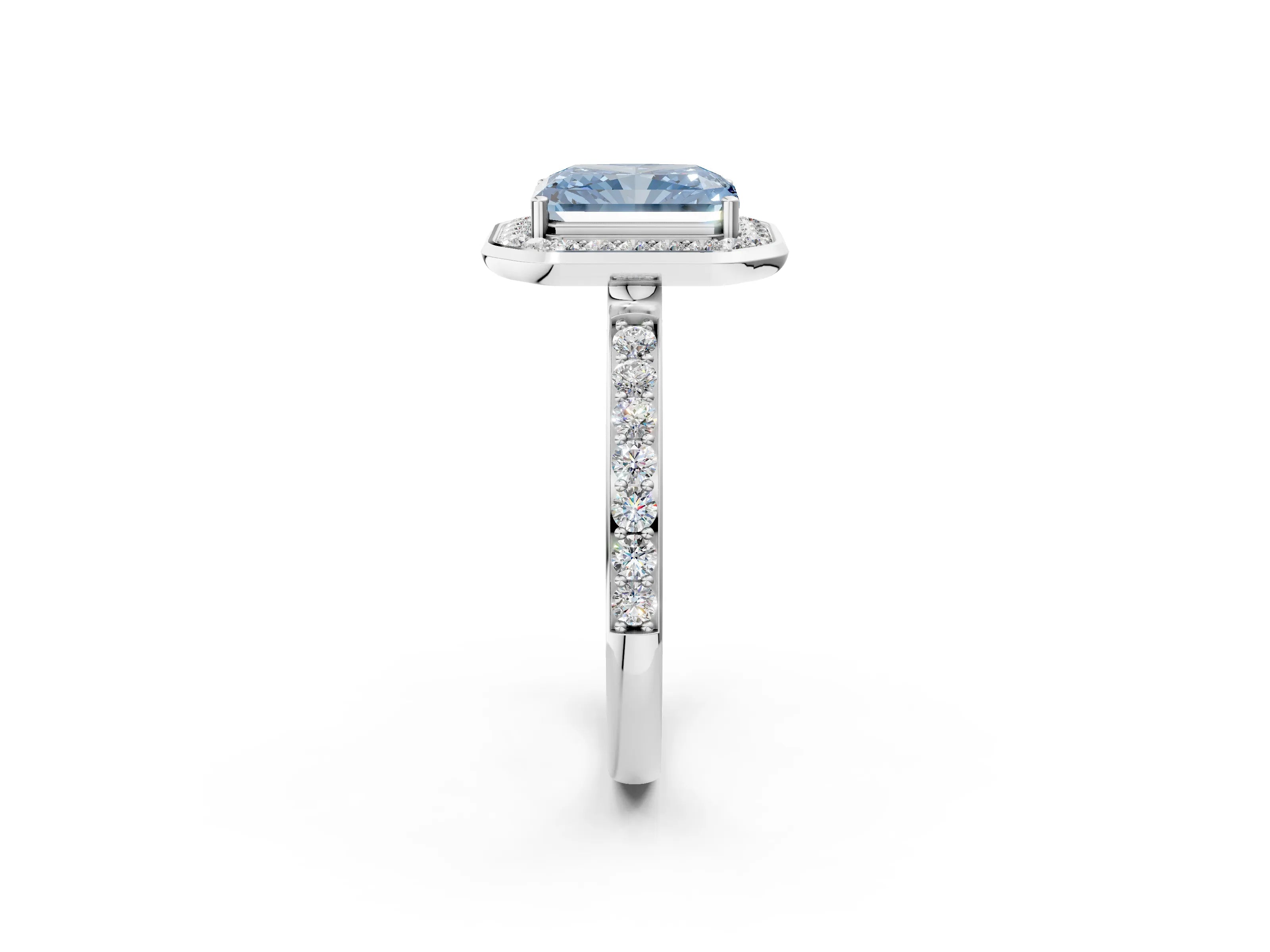 White gold Fancy Blue Radiant Cut Diamond Halo Ring with Bezel Frame and Pavé Band_2