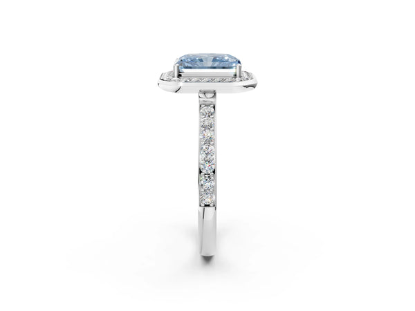 Platinum Fancy Blue Radiant Cut Diamond Halo Ring with Bezel Frame and Pavé Band