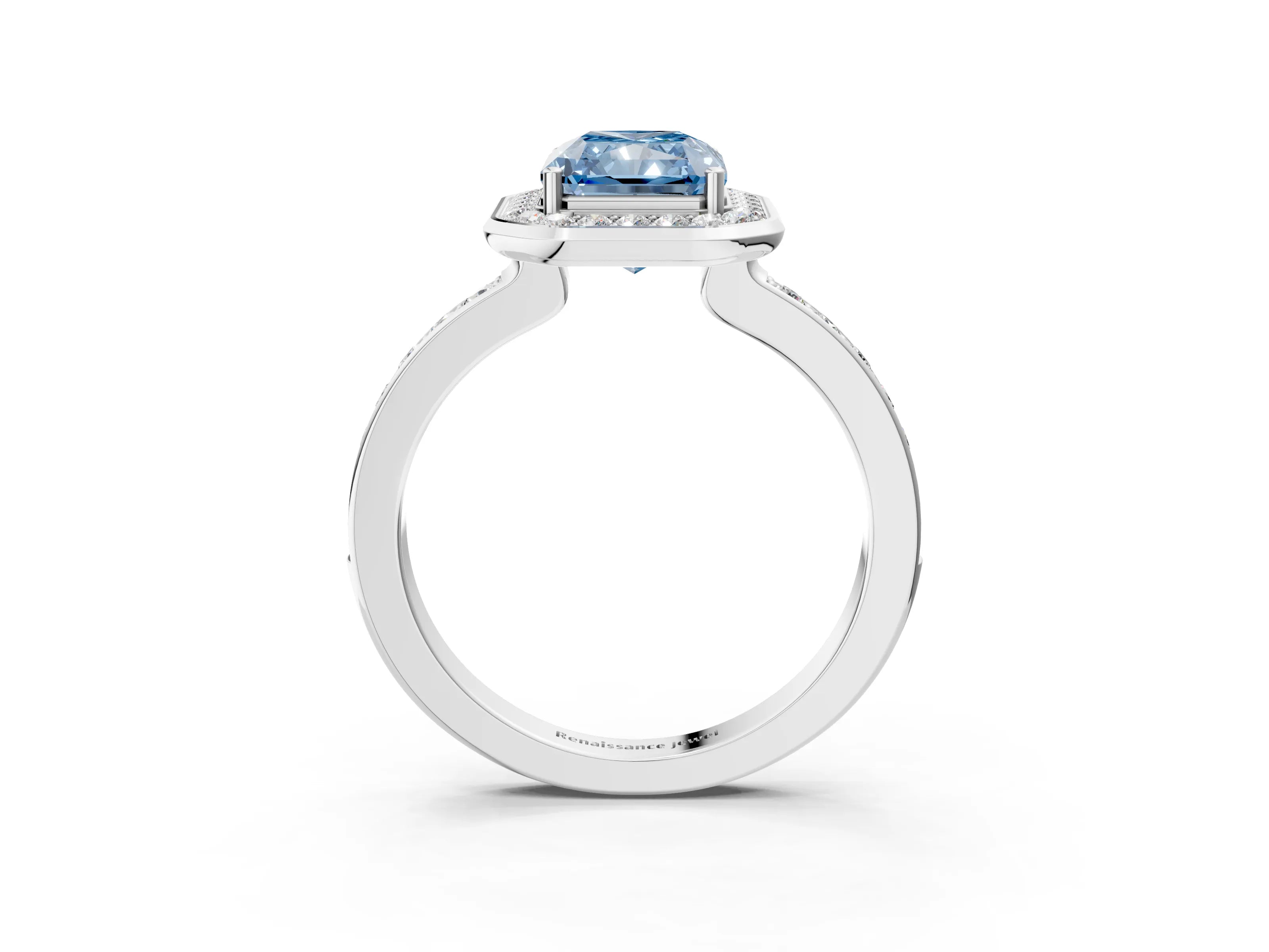 White gold Fancy Blue Radiant Cut Diamond Halo Ring with Bezel Frame and Pavé Band_3