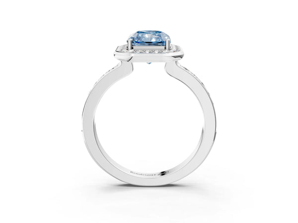 Platinum Fancy Blue Radiant Cut Diamond Halo Ring with Bezel Frame and Pavé Band