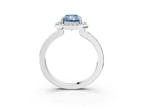 White gold Fancy Blue Radiant Cut Diamond Halo Ring with Bezel Frame and Pavé Band_3