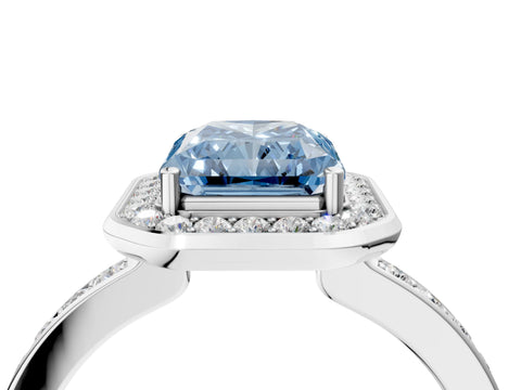 White gold Fancy Blue Radiant Cut Diamond Halo Ring with Bezel Frame and Pavé Band_4