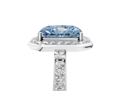 White gold Fancy Blue Radiant Cut Diamond Halo Ring with Bezel Frame and Pavé Band_5