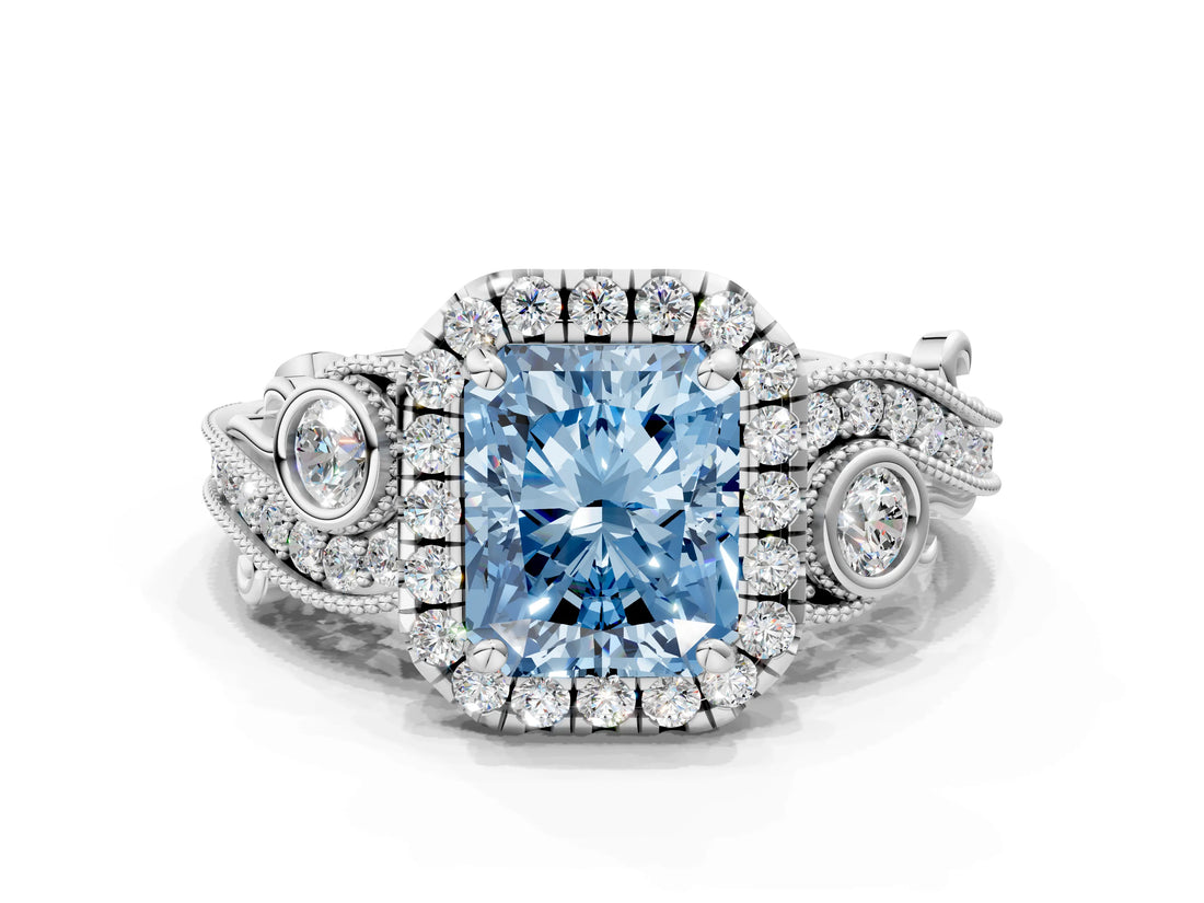 White gold Fancy Blue Radiant Cut Diamond Halo Ring with Milgrain Pavé Band and Four-Prong Setting_66