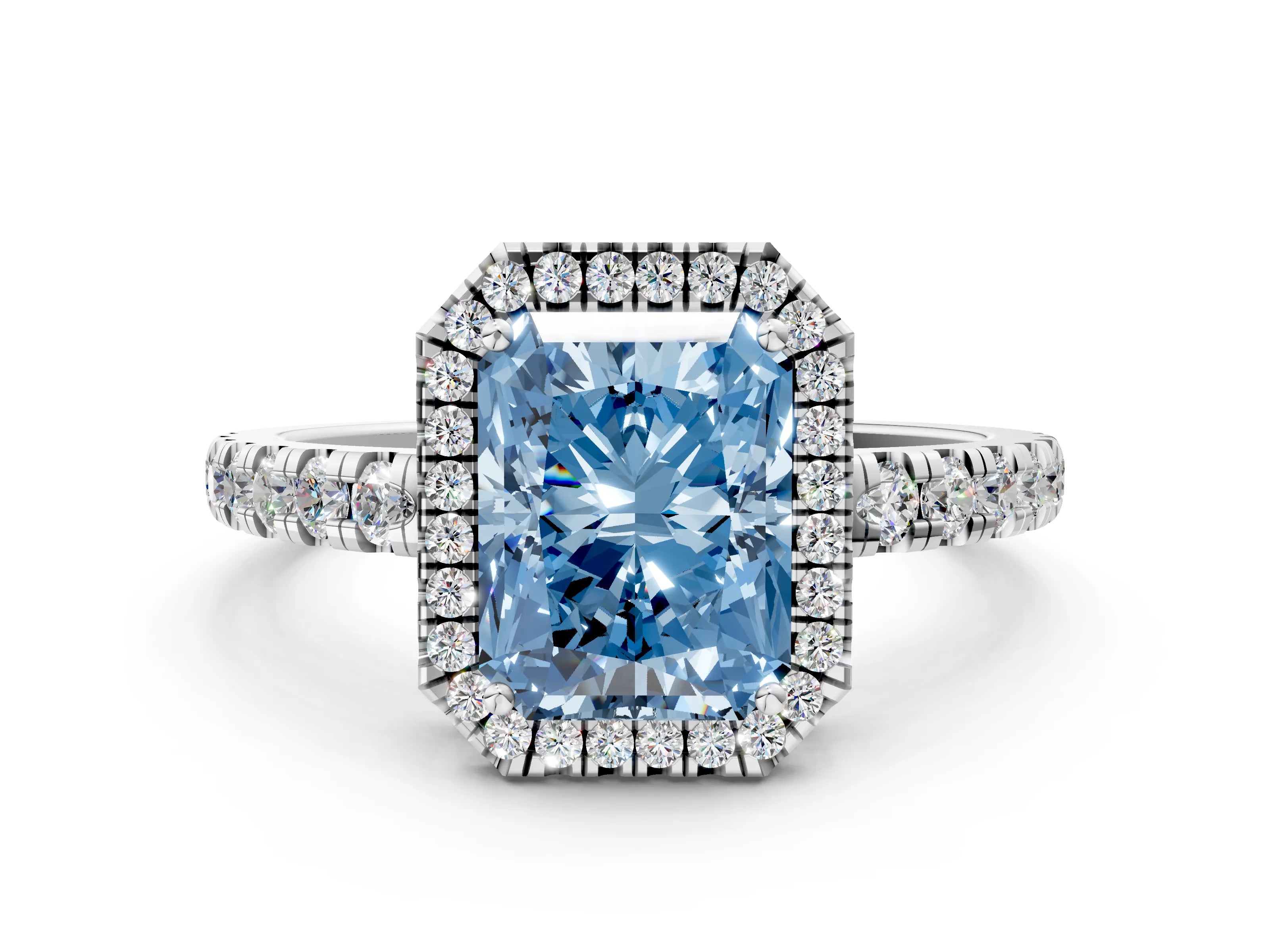 White gold Fancy Blue Radiant Cut Diamond Halo Ring with Pavé Band and Four-Prong Setting_12