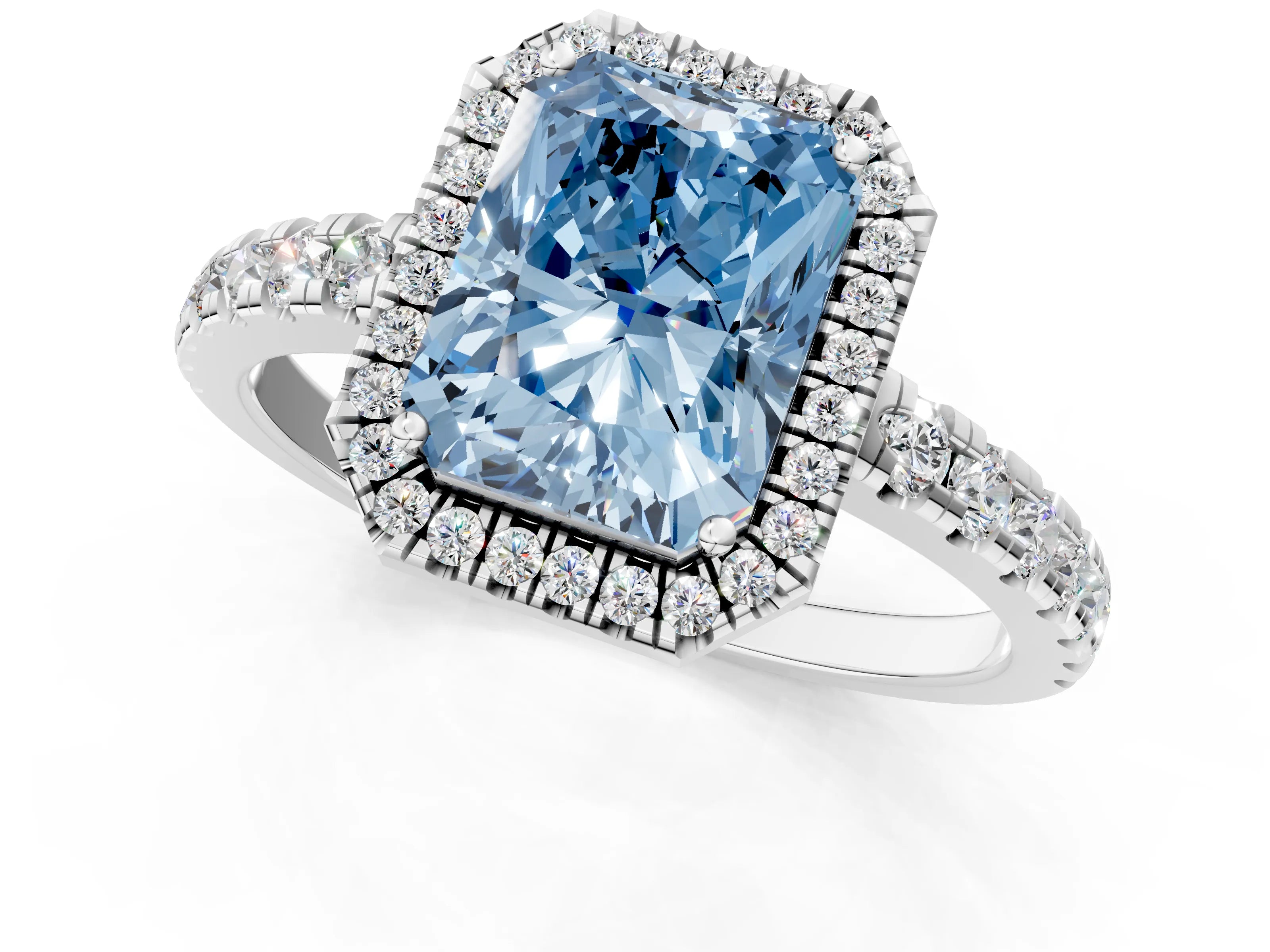 White gold Fancy Blue Radiant Cut Diamond Halo Ring with Pavé Band and Four-Prong Setting_13