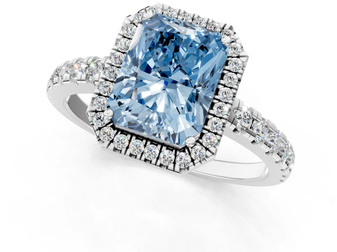 White gold Fancy Blue Radiant Cut Diamond Halo Ring with Pavé Band and Four-Prong Setting_13