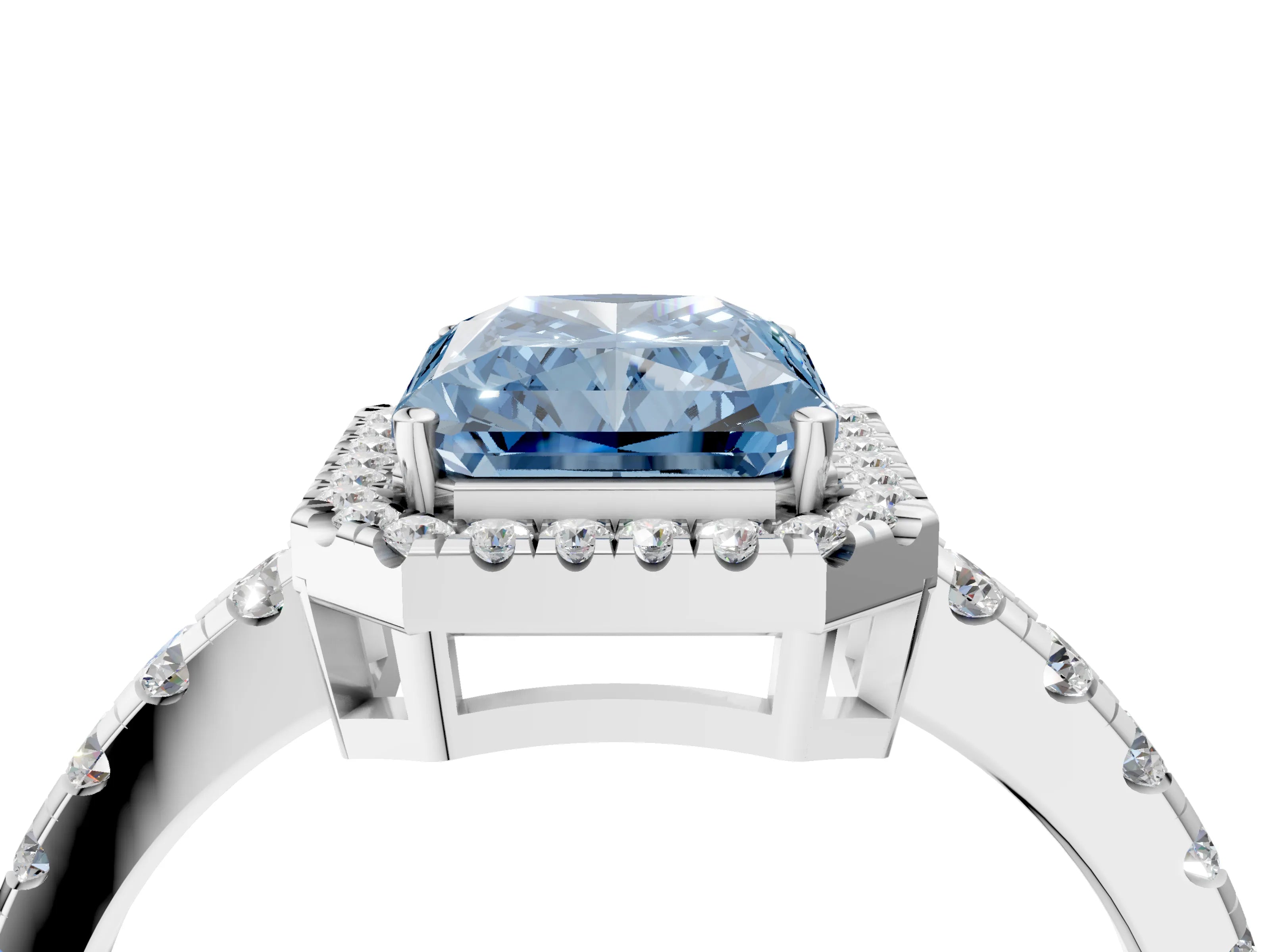 White gold Fancy Blue Radiant Cut Diamond Halo Ring with Pavé Band and Four-Prong Setting_16