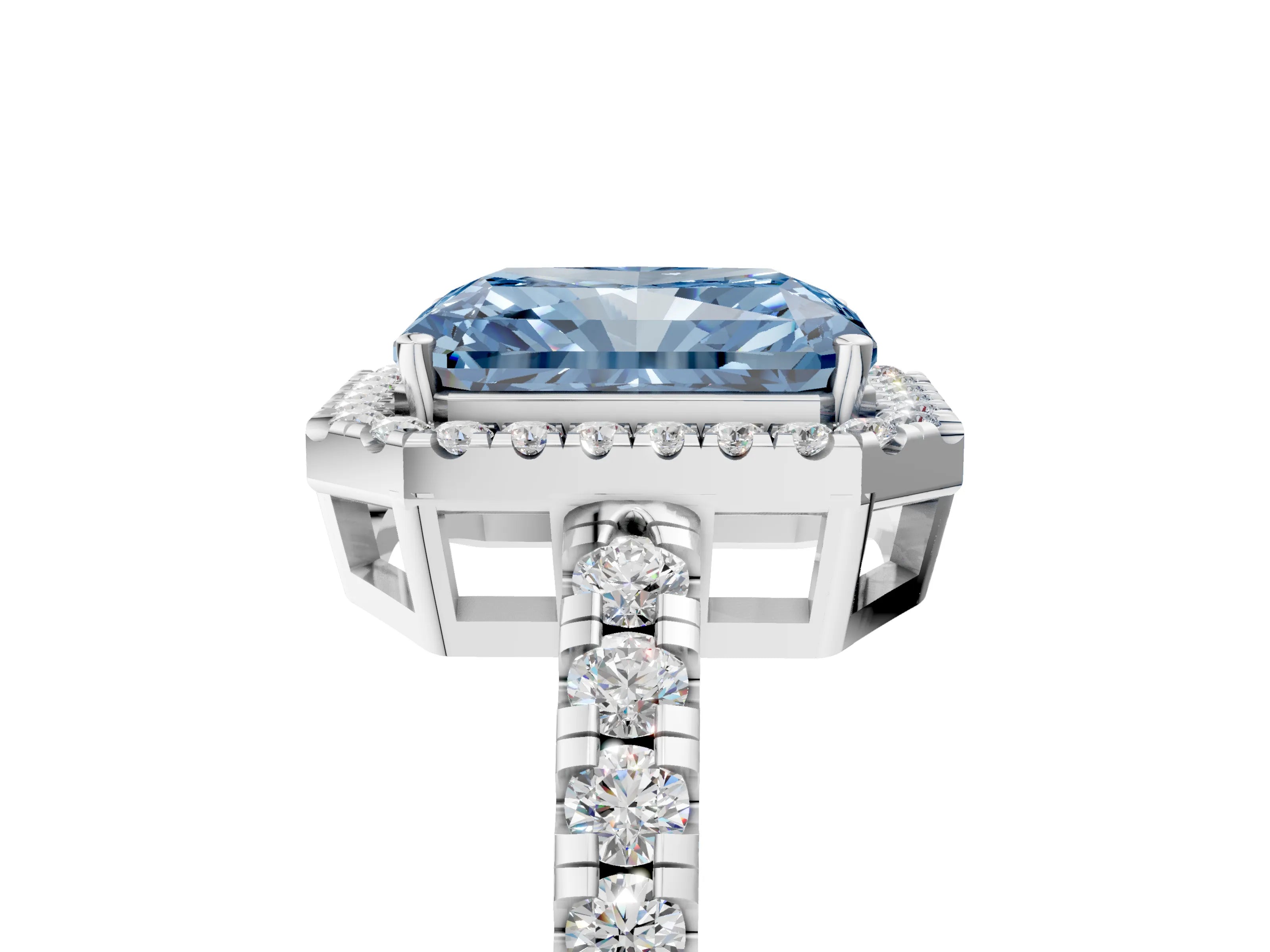White gold Fancy Blue Radiant Cut Diamond Halo Ring with Pavé Band and Four-Prong Setting_17