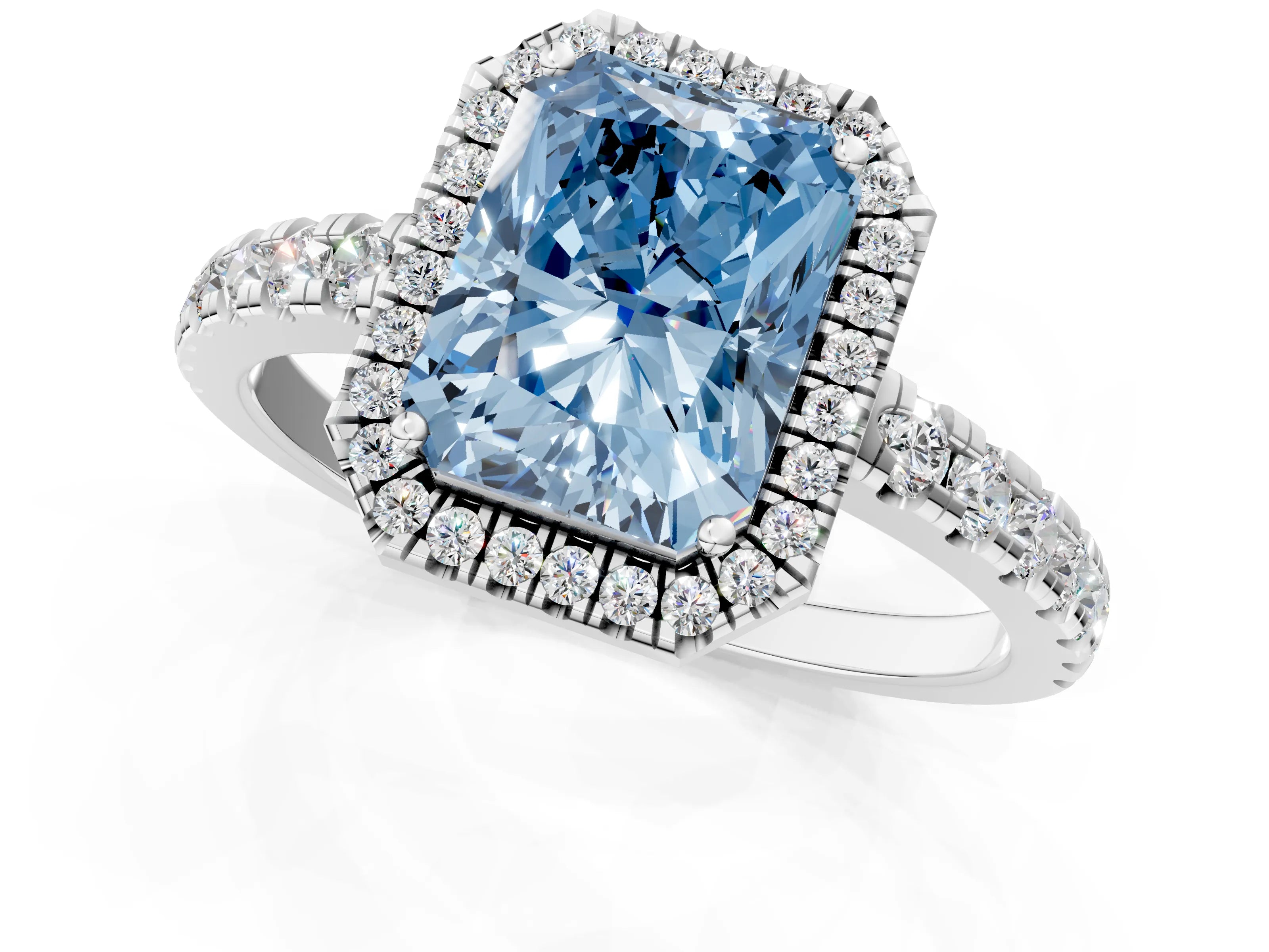 White gold Fancy Blue Radiant Cut Diamond Halo Ring with Pavé Band and Four-Prong Setting_1