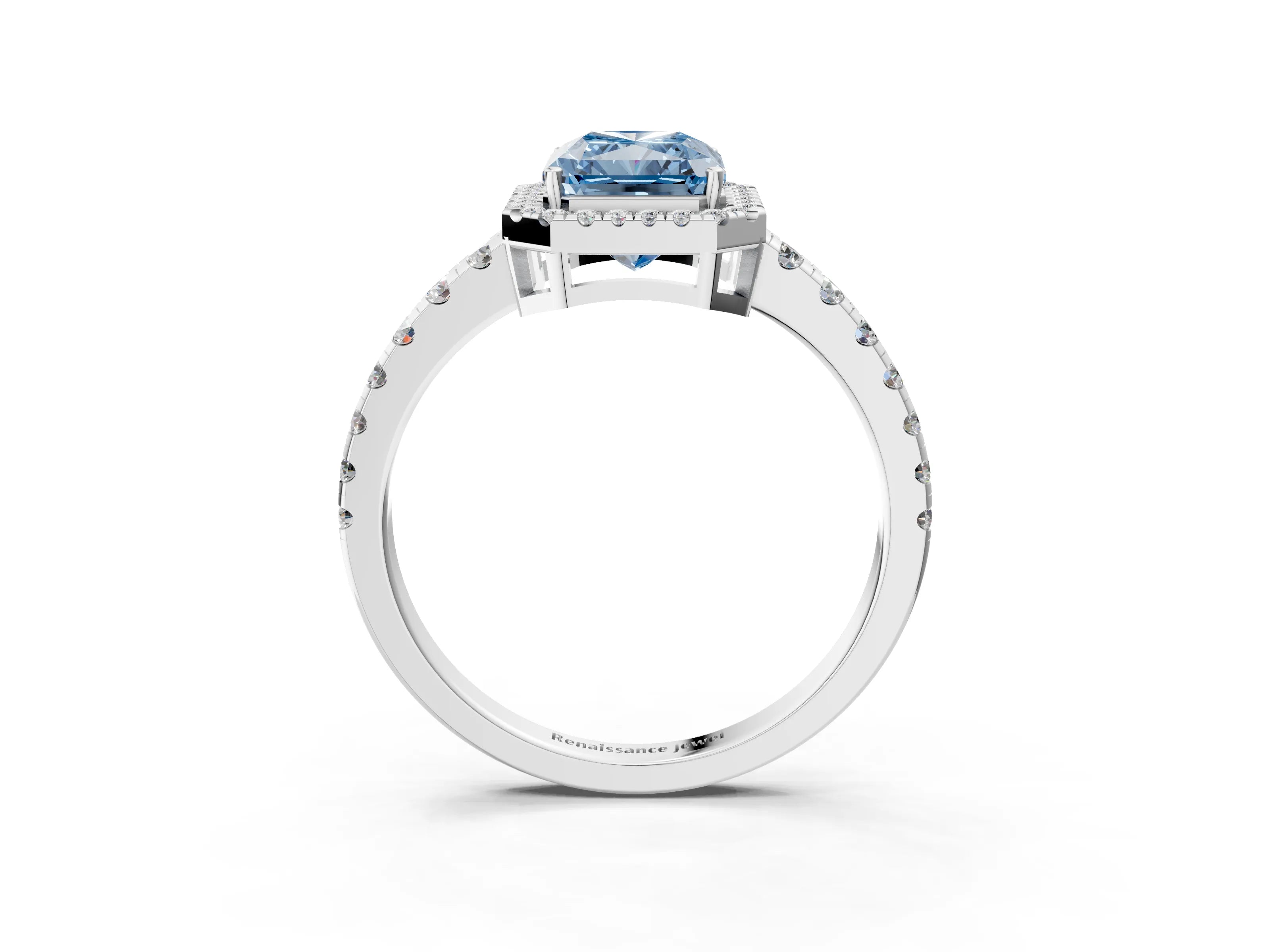 White gold Fancy Blue Radiant Cut Diamond Halo Ring with Pavé Band and Four-Prong Setting_3