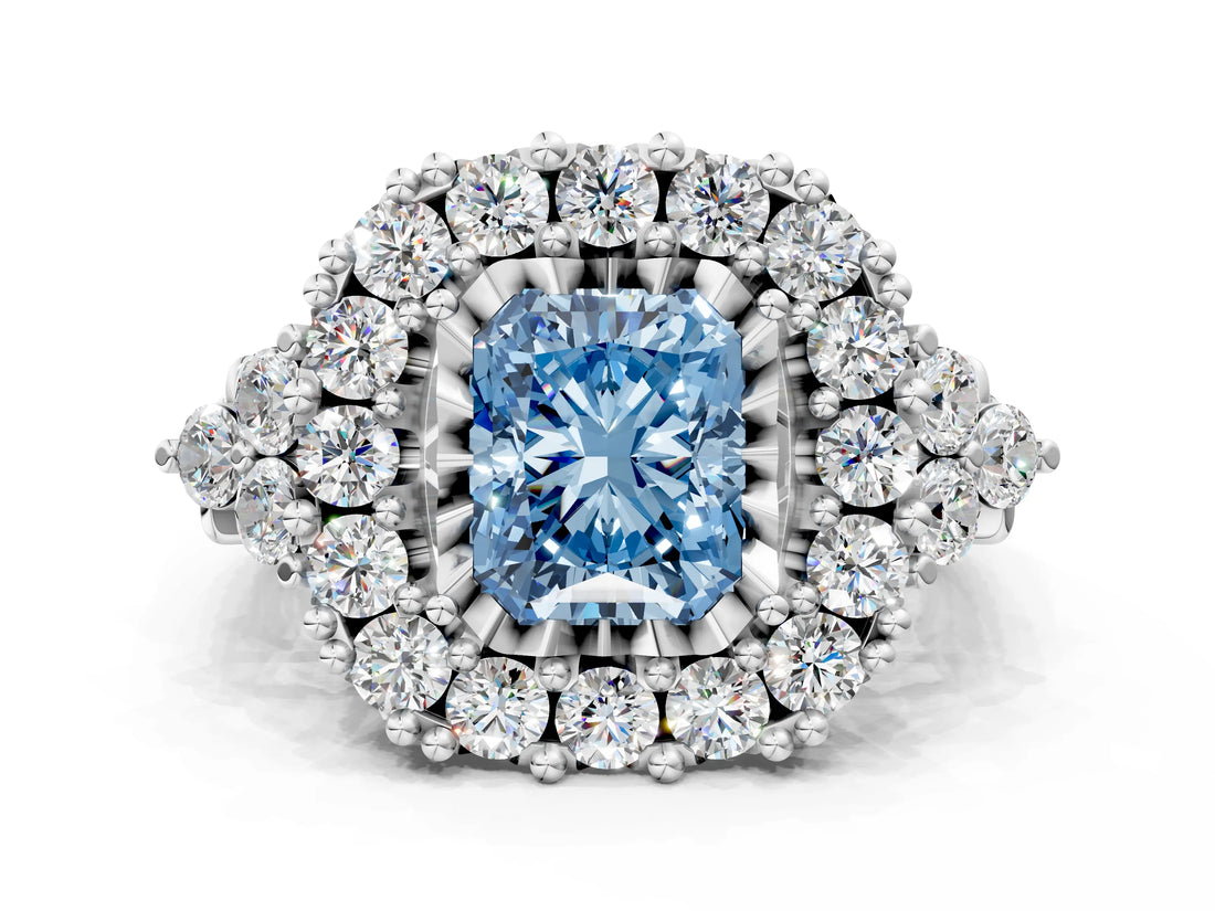 White gold Fancy Blue Radiant Cut Diamond Halo Ring with Pavé Band and Four-Prong Setting_53