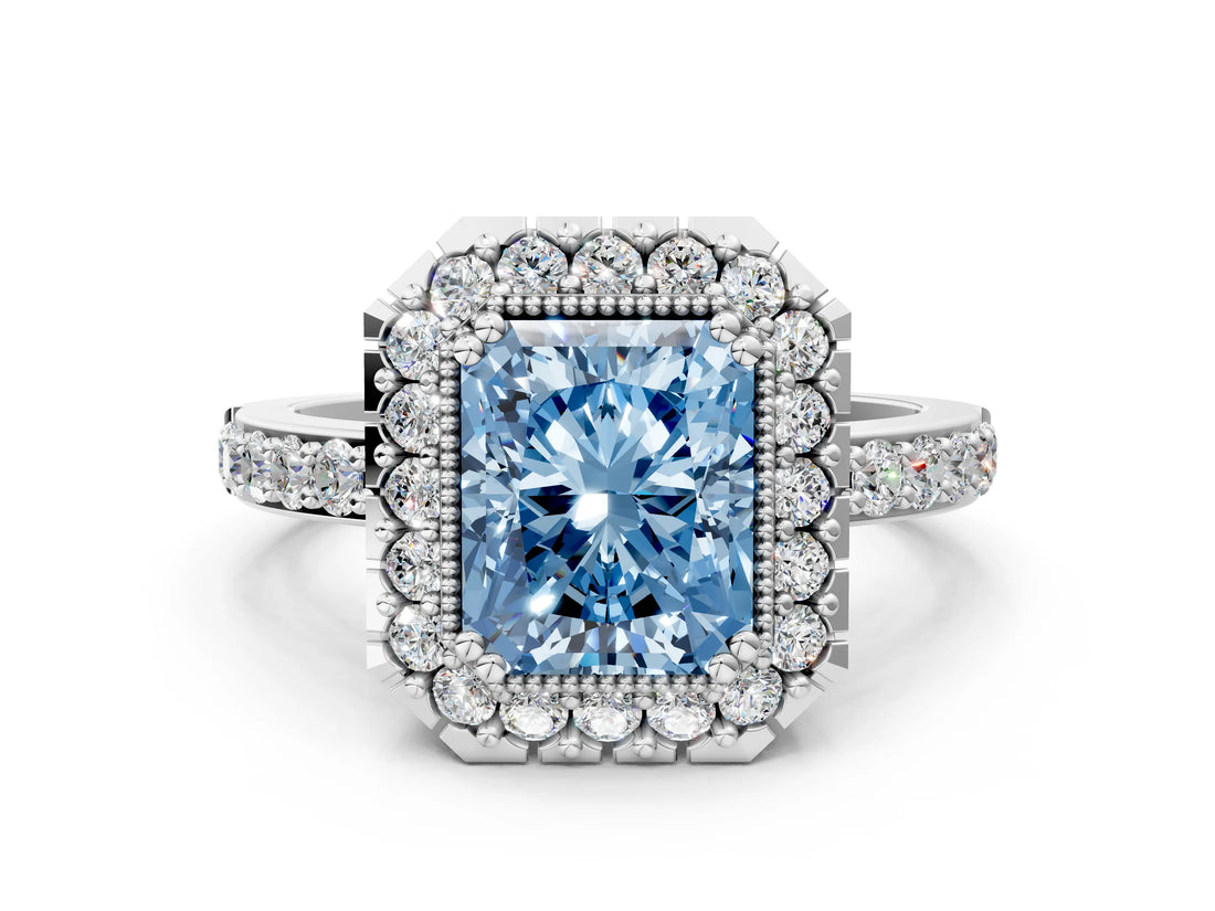 White gold Fancy Blue Radiant Cut Diamond Halo Ring with Pavé Band and Prong Setting_12