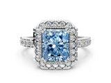 White gold Fancy Blue Radiant Cut Diamond Halo Ring with Pavé Band and Prong Setting_12