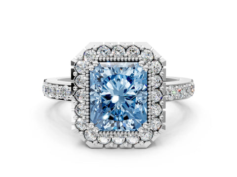 White gold Fancy Blue Radiant Cut Diamond Halo Ring with Pavé Band and Prong Setting_12