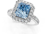 White gold Fancy Blue Radiant Cut Diamond Halo Ring with Pavé Band and Prong Setting_13